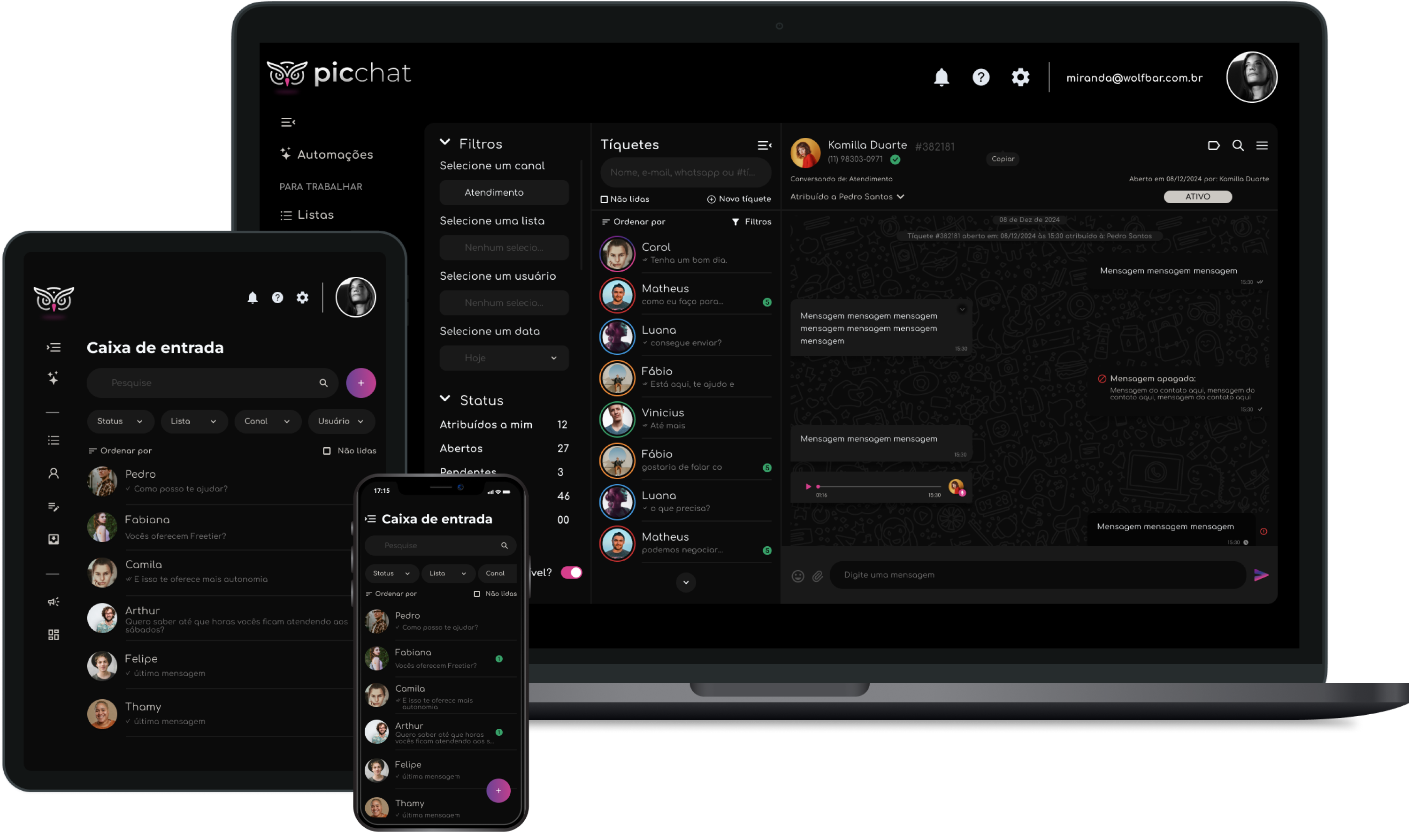 PicChat aberto em notebook, tablet e celular